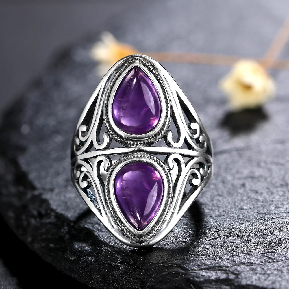 925 Silver Rings Natural Amethyst Gemstone Rings for Women Wedding Bands Anniversary Gift Fine Jewelry