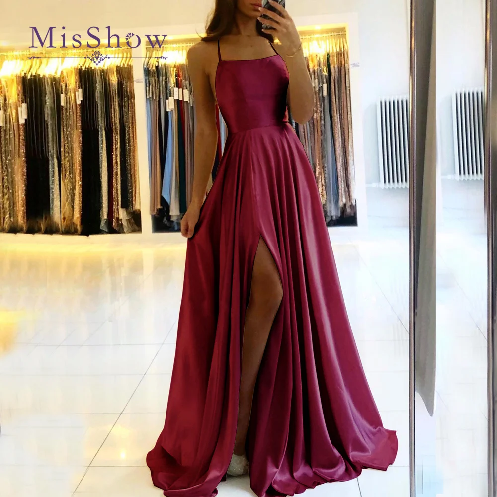 

MisShow Maxi Evening Dresses For Women Party Sexy Backless Satin Spaghetti Straps Slit Elegant Prom Cocktail Gowns