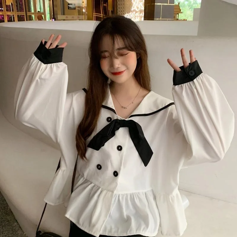 Korean Style Women Shirt Long Sleeve Bow Top Female Autumn Sailor Collar Fashion Woman Blouse 2024 Cute Ruffles Button Clothes