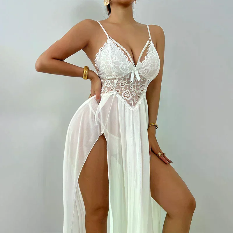 Abito da notte impreziosito da perle Abito da notte sexy con spacco laterale in rete Abito lungo con cinturino in tentazione Bretelle a V profonde senza schienale senza maniche