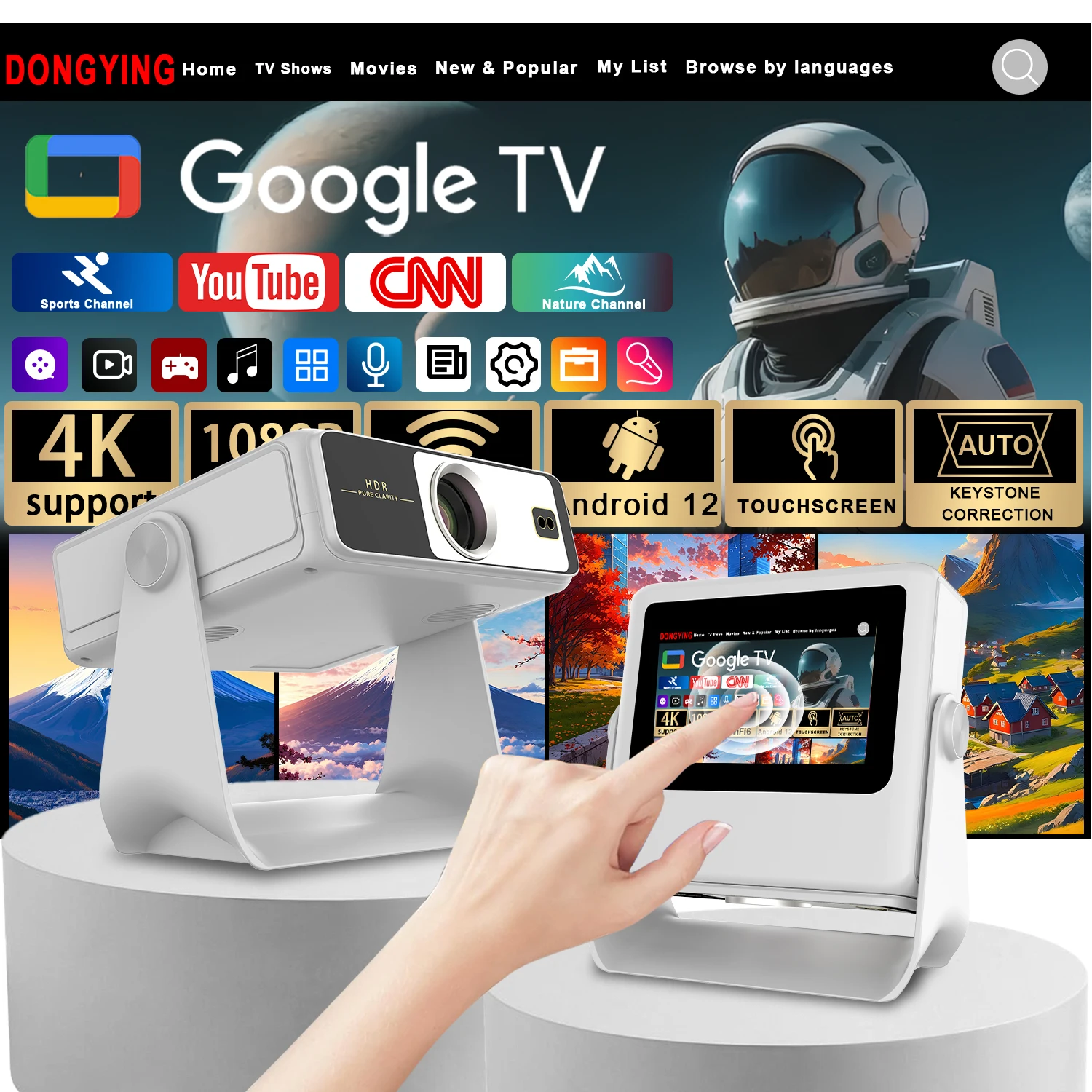 

7" Android 12 Projector 1080P 4K Auto Focus 180° Rotation Ceiling View HDMI USB BT WiFi Phone Sync Home Cinema