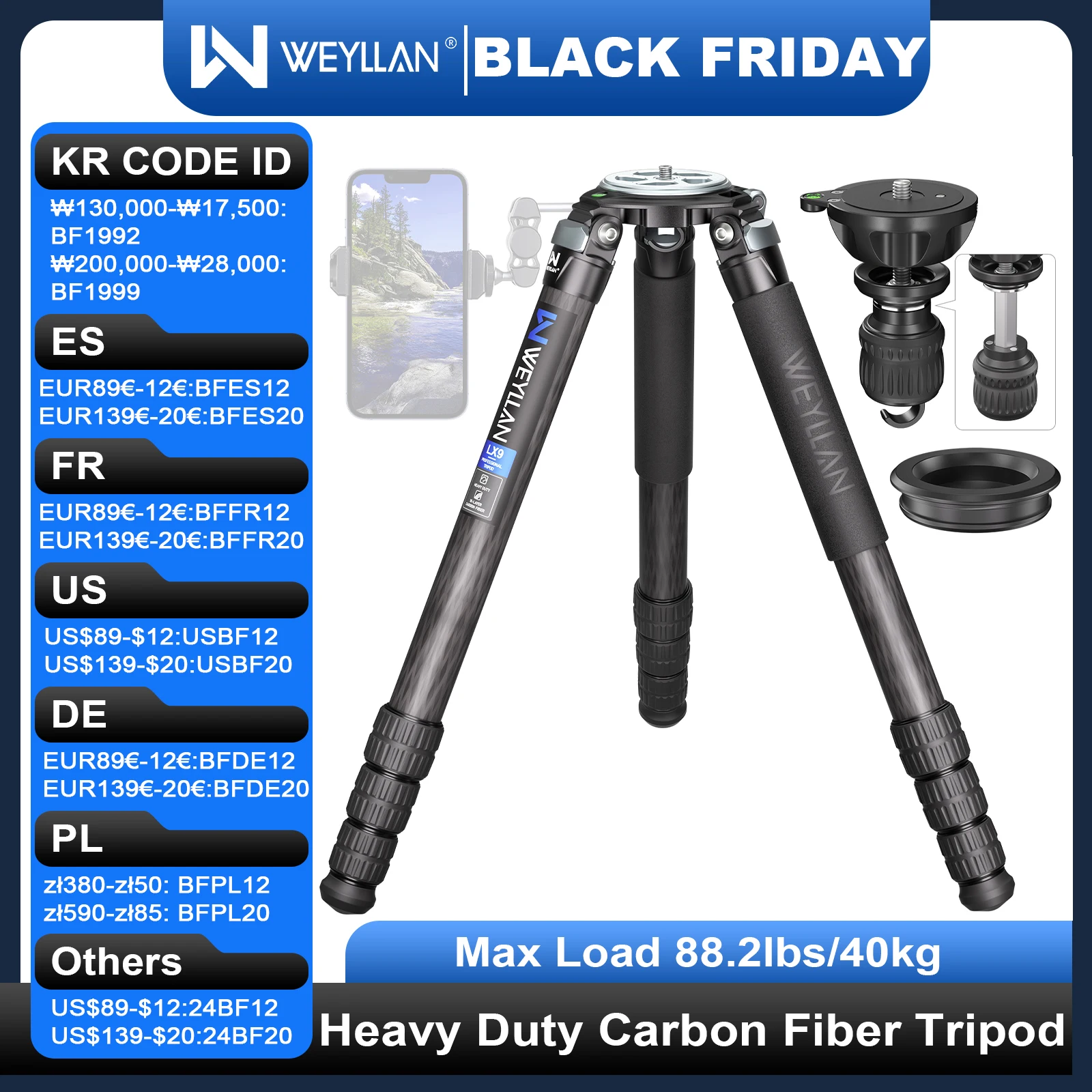 Weyllan LX9 Professional Super Stable Carbon Fiber Heavy Duty Hunting Tripod with 75mm Bowl Adapter 40mm Tube Load 88.2lbs40kg