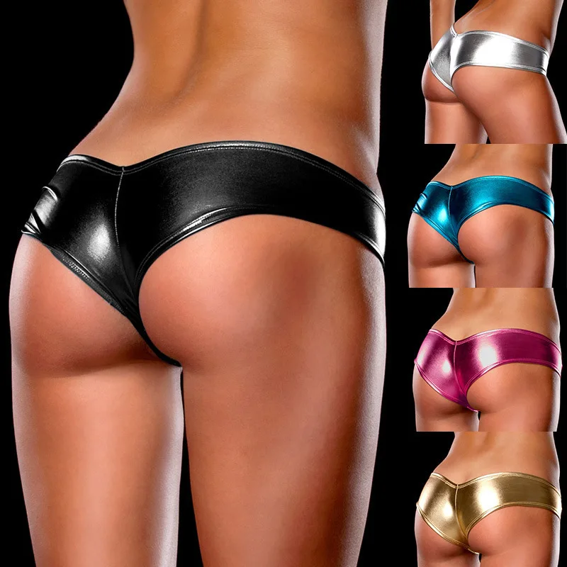 Sexy Hot Erotic Latex V Cut Wide Side Metallic Pu Leather Hipster Bikini Scrunch Panty G T String Thong Women Costumes