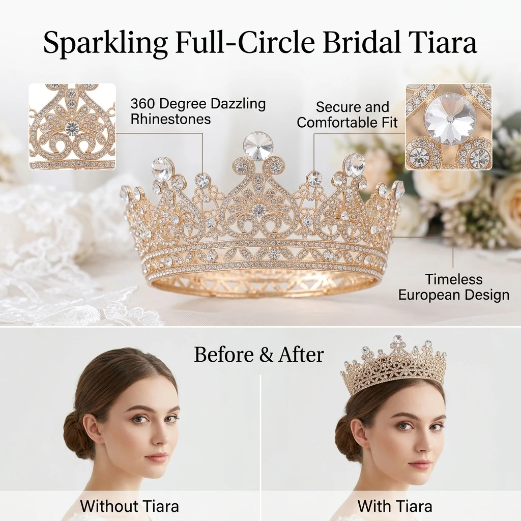 Sparkling Rhinestone Bridal Tiaras Full Round European Style Wedding Crown for Brides Ceremony Party Photoshoot Hair Jewelry view 4