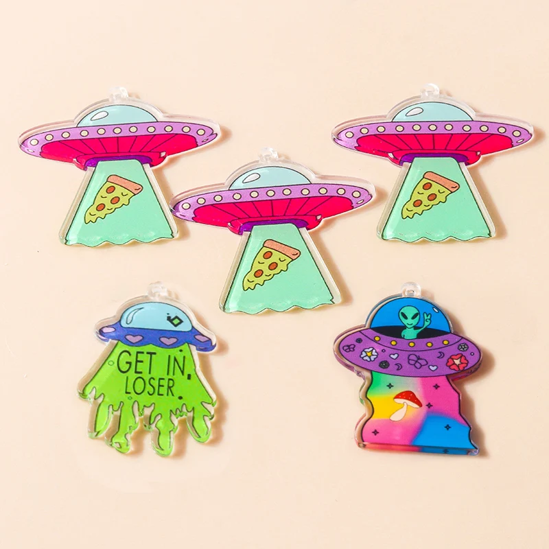 Leslie 5pcs Cute Cartoon Creative Acrylic ET Alien Charms for Earrings Handmade DIY Funny UFO Spaceship Pendants for Women Girl