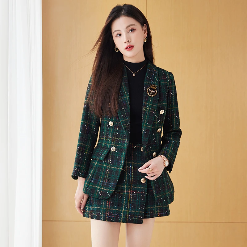 Tweed Blazer and Shorts for Ladies, Small Fragrance Plaid Suits, Double Breasted, High Waisted, Two-Piece Sets, Autumn Winter