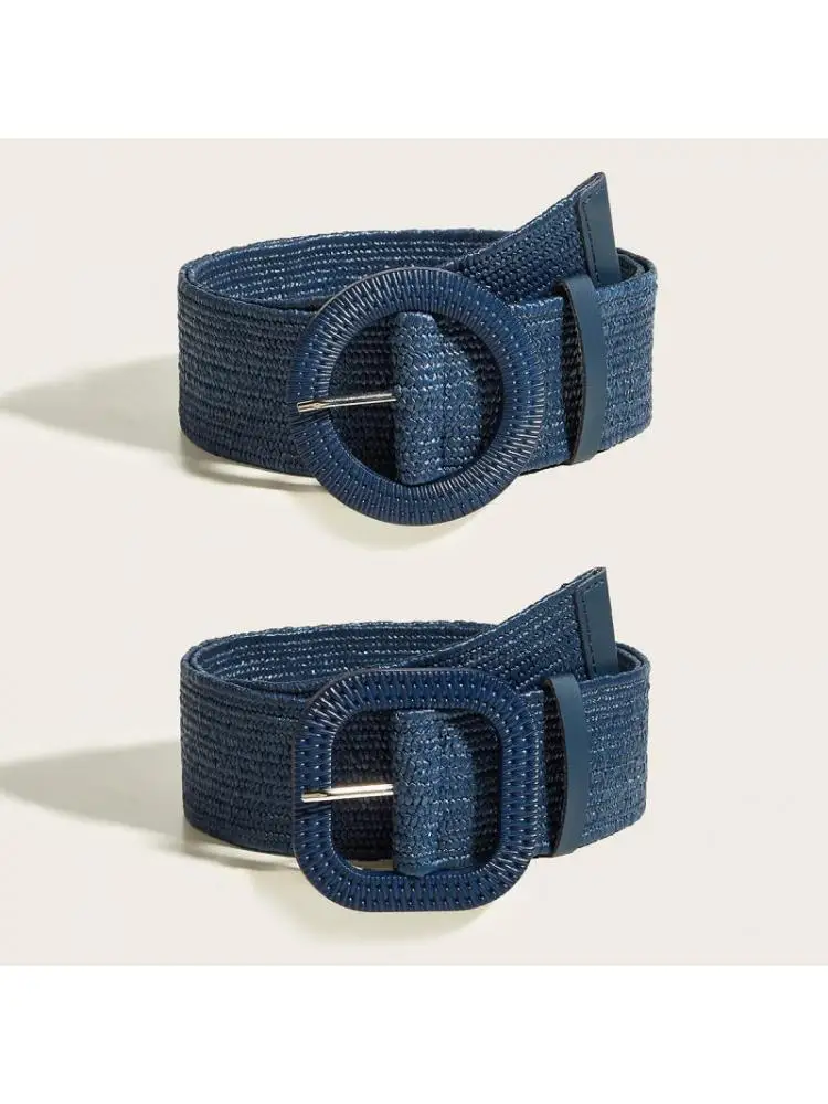 5CM X100CM Woven Wide Belt Women Retro Round Buckle Elastic Waist Decorative Cross Border Supply Navy Blue High Quality Fashion