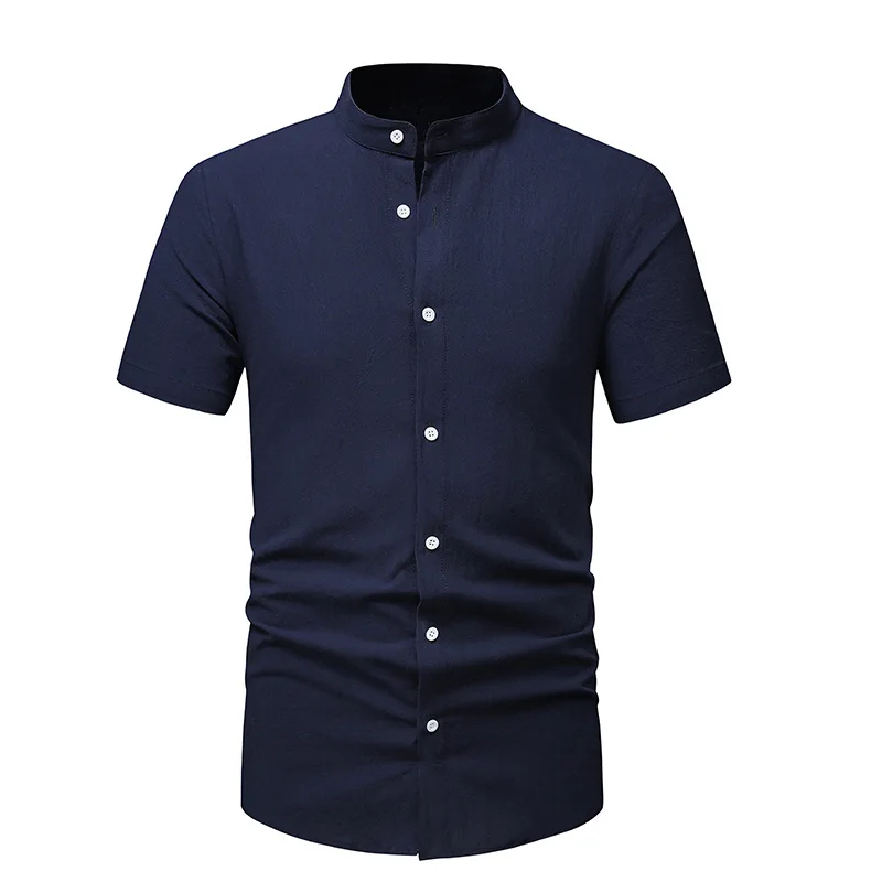 Chemise en coton et lin à manches courtes pour hommes, chemisier ample décontracté, T-Shirt de plage, à la mode, à col Henry, beau T-Shirt pour hommes