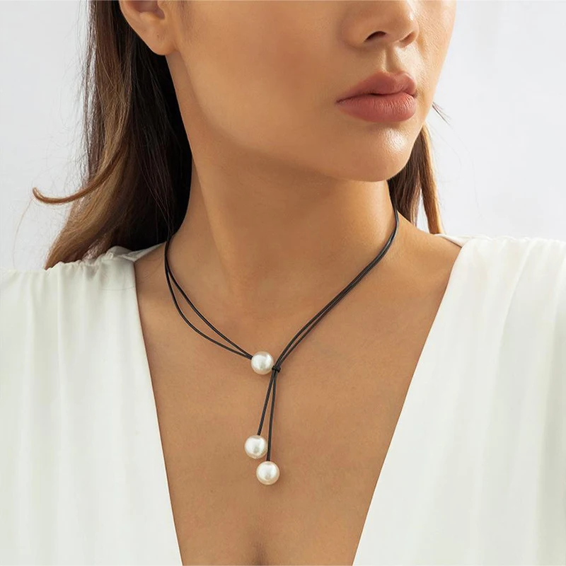 Vintage Fashion Rope Chain Necklace Women Fashion Statement Handmade Imitation Pearl Pendant Adjustable Neck Jewelry Gift