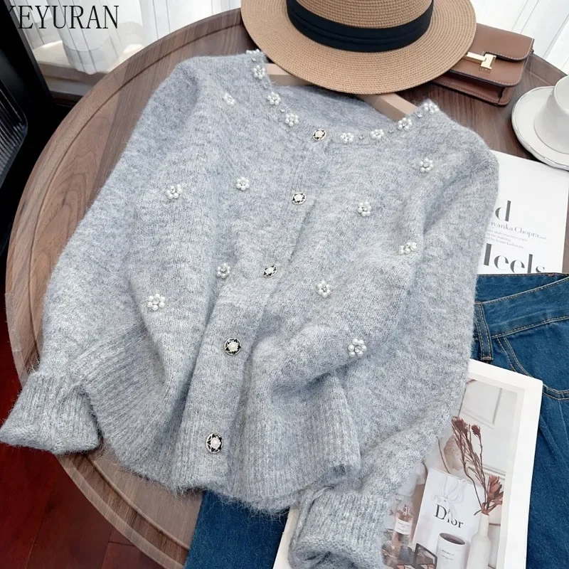 Diamonds Peals Beading Sweater Jacket Women Autumn Winter New Korean Fashion O-Neck Long Sleeve Single Breasted Knitted Cardigan