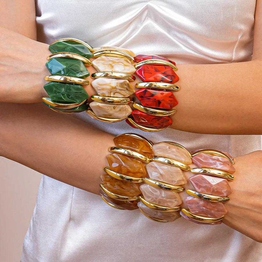 KMVEXO Smudged Rhombus Acrylic Elastic Bangles for Women Geometric Resin Bracelets 2025 Vintage Party Jewelry