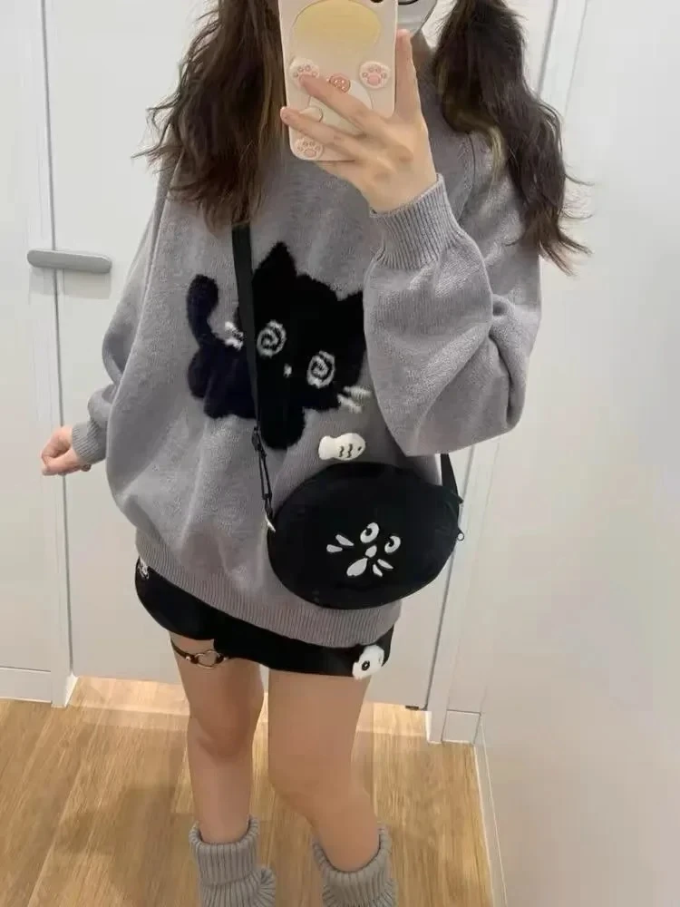 

Gray Cute Cat O-neck Casual Knit Elegant Pullover Woman Y2k Long Sleeve Design Harajuku Tops Feamale Kora Fashion Sweaters Mujer