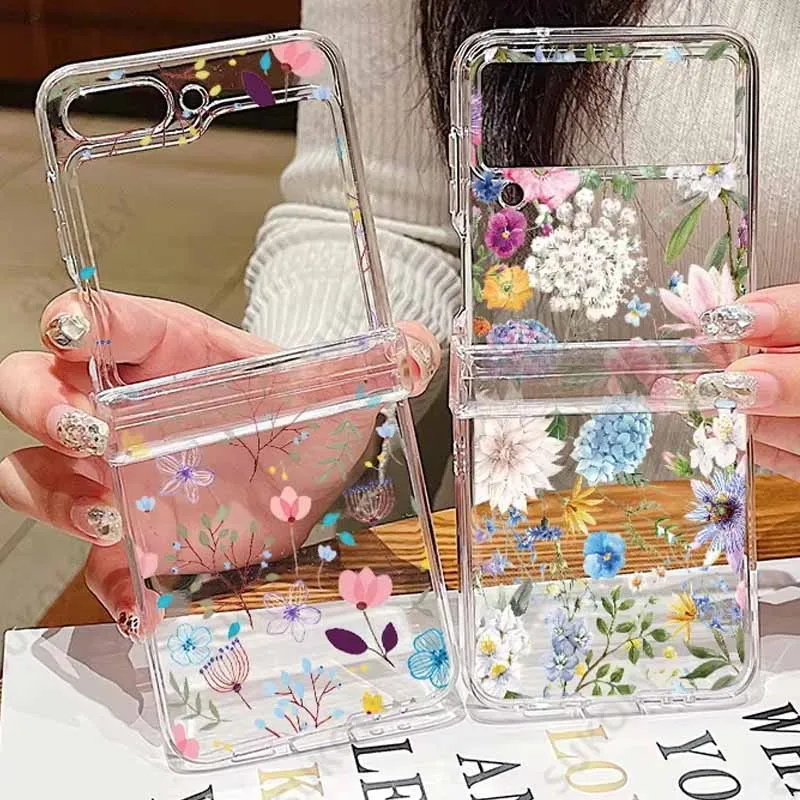 

Flower Pattern Folding Case For Samsung Galaxy Z Flip7 FE Flip7 Flip6 Clear Shockproof Cover For Samsung Galaxy Z Flip 7 6 5 4 3