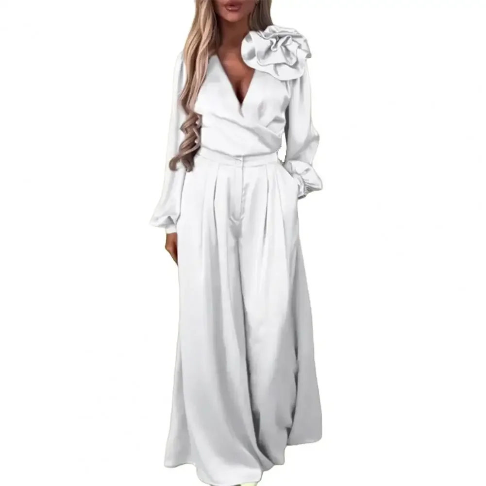 

2 Pcs/Set Spring Women Top Pants Set 3D Flower Decor Satin V Neck Long Sleeve Blouse High Waist Wide Leg Trousers Formal Outfit