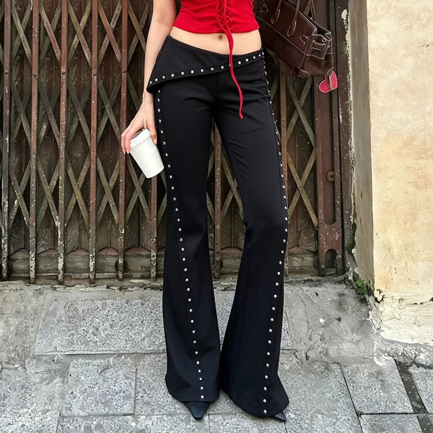Black Slim Low Waist Rivet Design Trousers Street Fashion Spice Girl Casual Trousers Women
