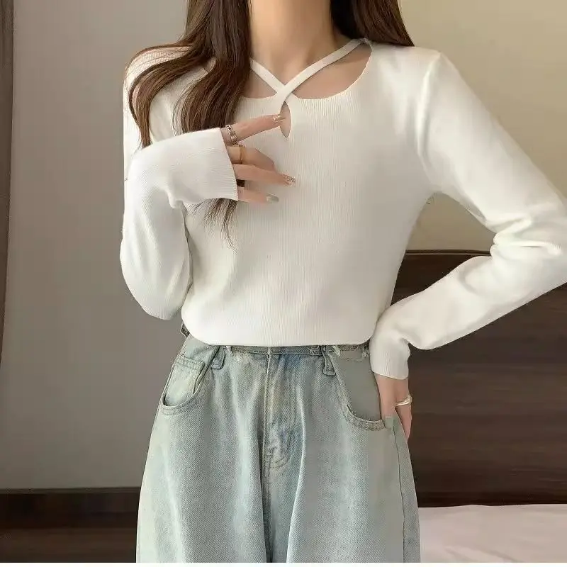 Spring Autumn New Chic Cut Out Knit Sweater Women Clothing Sexy Clavicle Slim Long Sleeve Pullovers Lady Solid Y2K Thin Tops