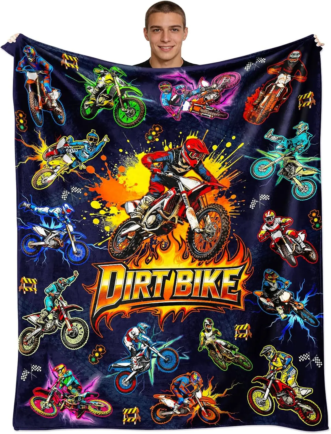 Dark Background Graffiti Dirt Bike Motocross Rider Splash Fire Print Soft Flannel Blanket for Sofa Bedroom Cool Teen Boys Sports