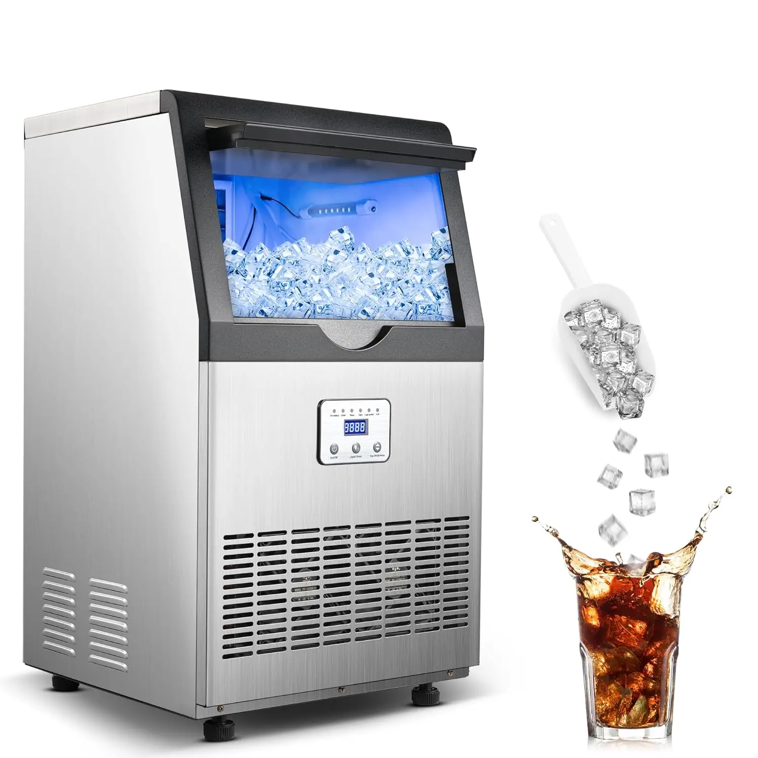 

90LBS/24H Commercial Ice Maker Machine, Undercounter or Freestanding Stainless Steel Ice Machine with 25LBS Storage, 32 Cubes/Cy