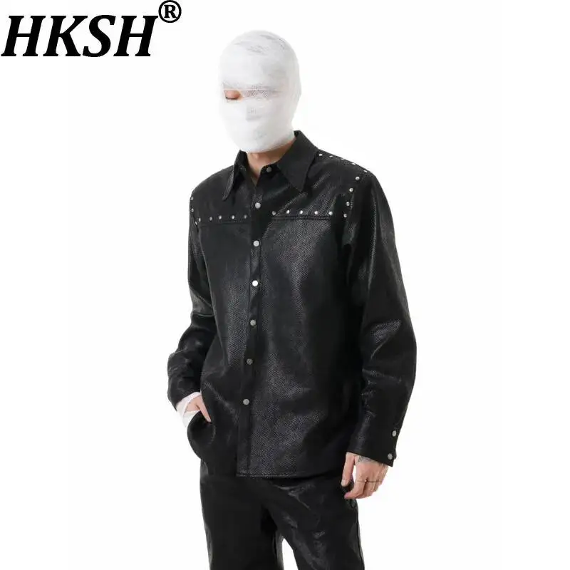 HKSH Spring Autumn Winter New Men Tide Dark Knight PU Faux Snakeskin Rivet Avant-Garde Long Sleeve Shirt Women Chic Ins HK26384