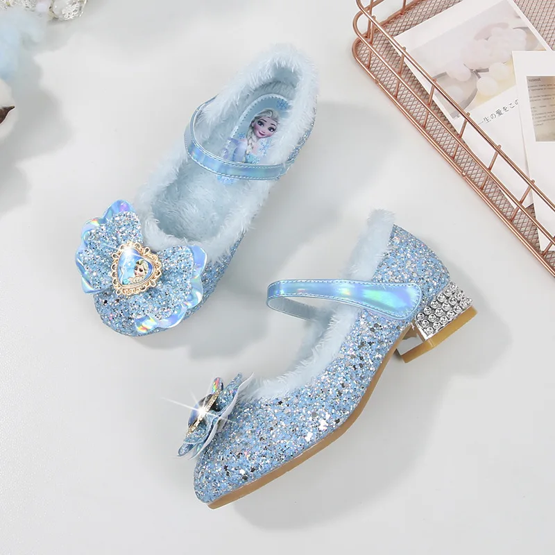 Disney Princess Kids Warm Winter Shoes for Girls Elsa Casual Glitter Children Flat Heel Girls Shoes Butterfly Knot Blue Pink