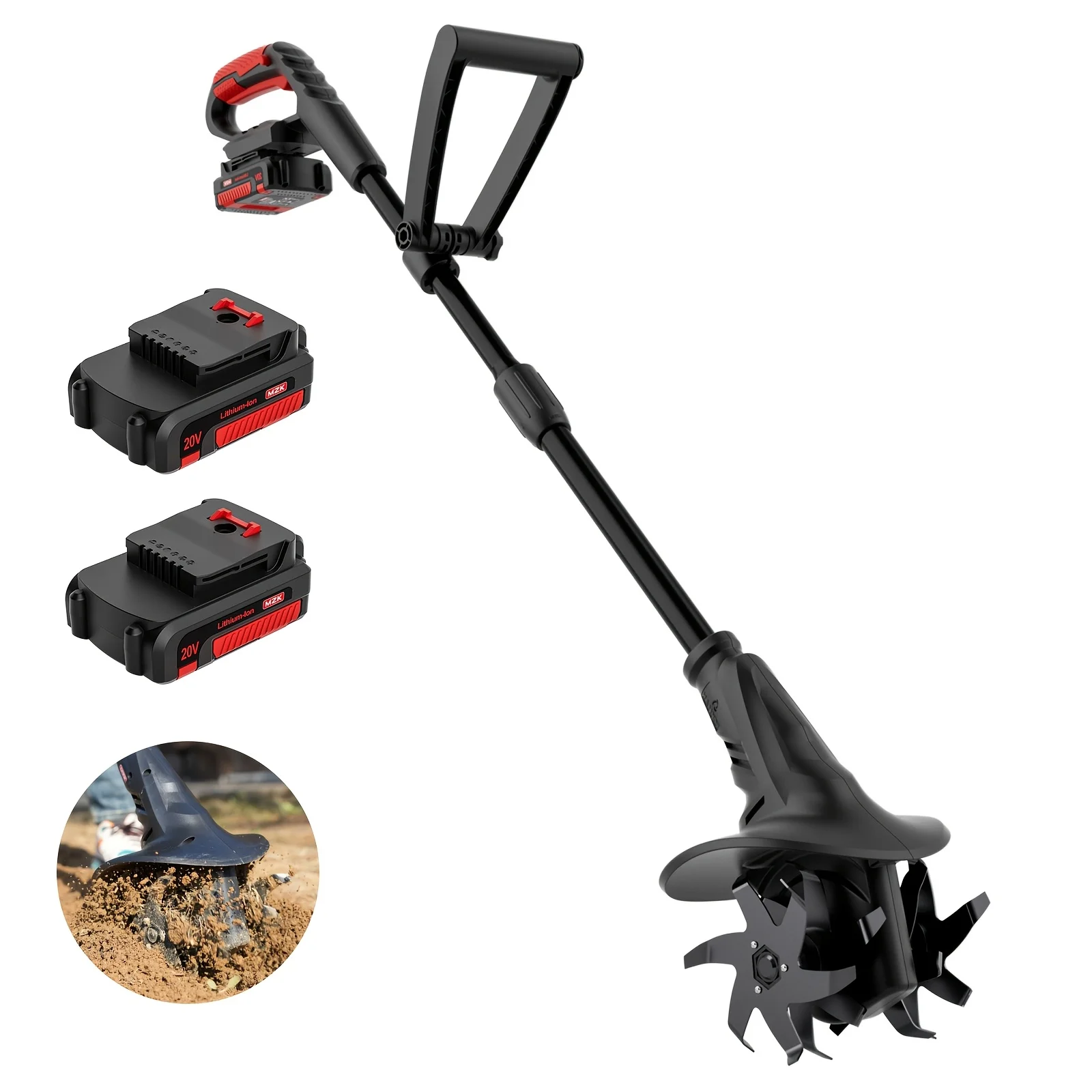 MZK 20V Cordless Tiller Cultivator With Steel Tines, 10-inch Wide Battery Powered Garden Cultivator, 360RPM Electric Tiller For Lawn/Gardening/Soil Cultivation(2 * 4AH Battery&Charger Included)
