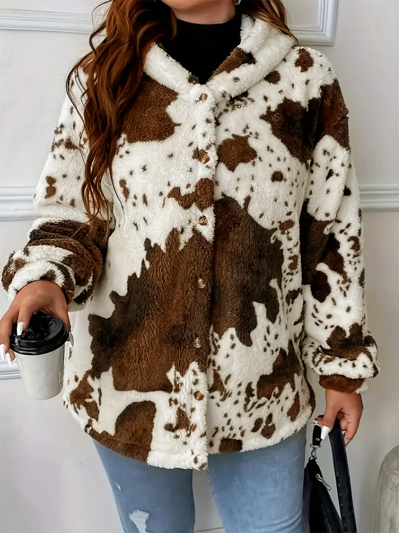 Autumn and winter European and American casual fashion cow teddy bear print button plush jacket