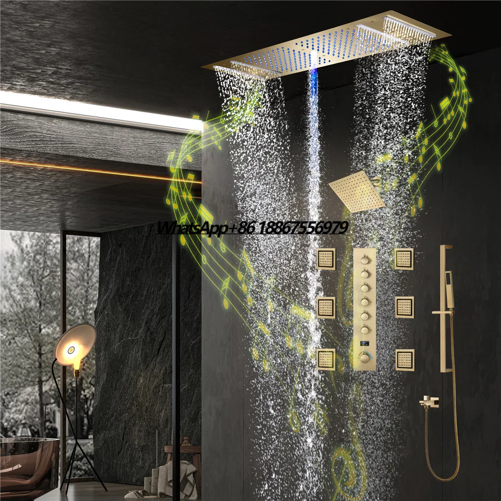 

Bathroom Shower System Hydro Power Temperature Display LED Light Bluetooth Music Waterfall Raining Shower Set