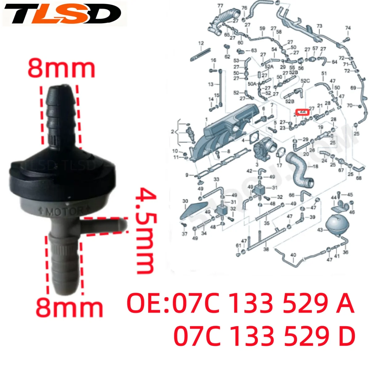 Engine 1.8t Air Pump Exhaust Valve Three-Way Vacuum Check Valve 07C133529A 07C133529D Suitable for Vw Passat Seat Audi A4 A5 A6 A8