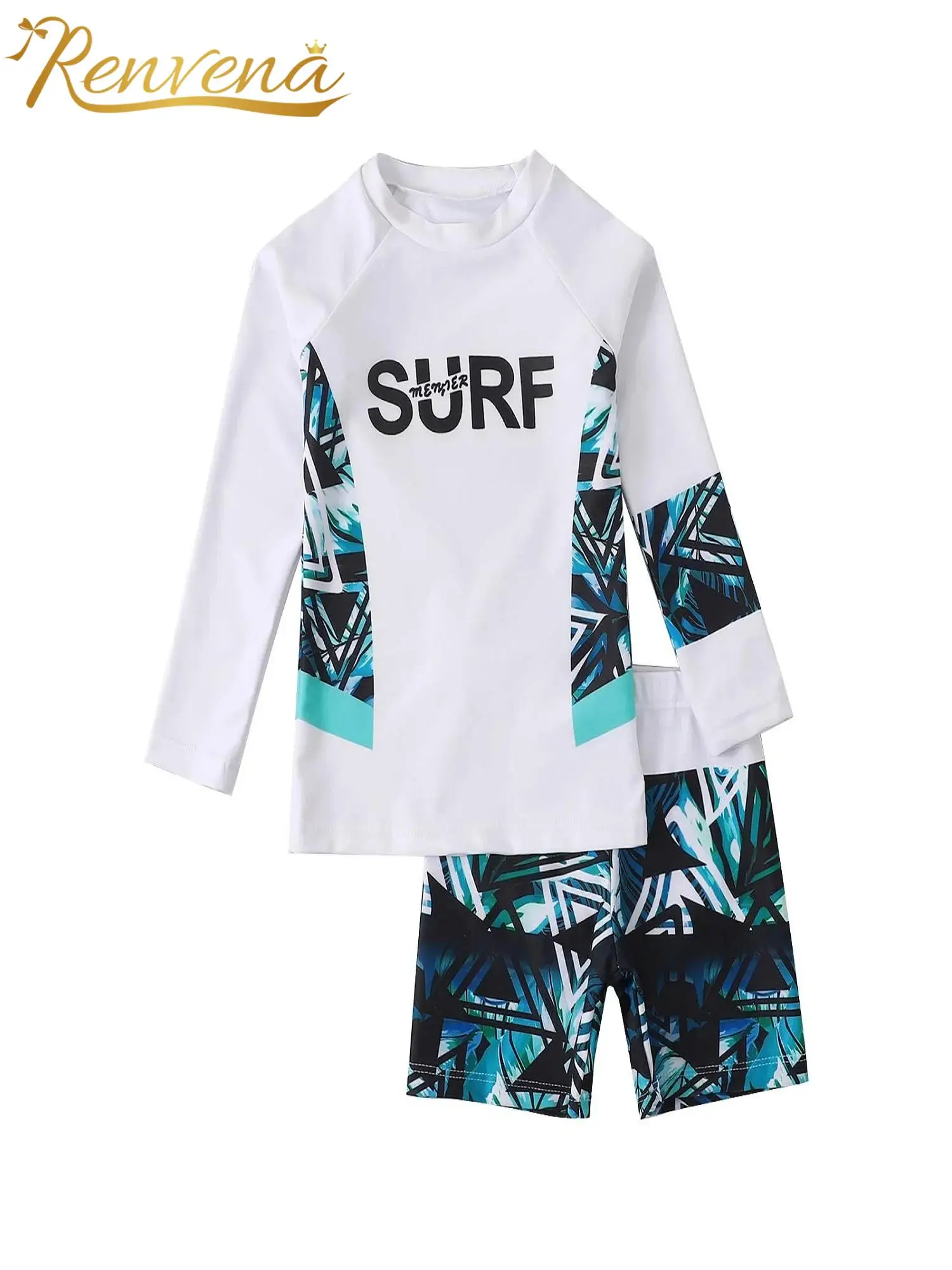 

Kids Boys Swimsuit Outfit Long Sleeve Two Piece Geometric Pattern Print Top Swim Shorts 2Pcs Rashguard Swimming Suit Beachwear