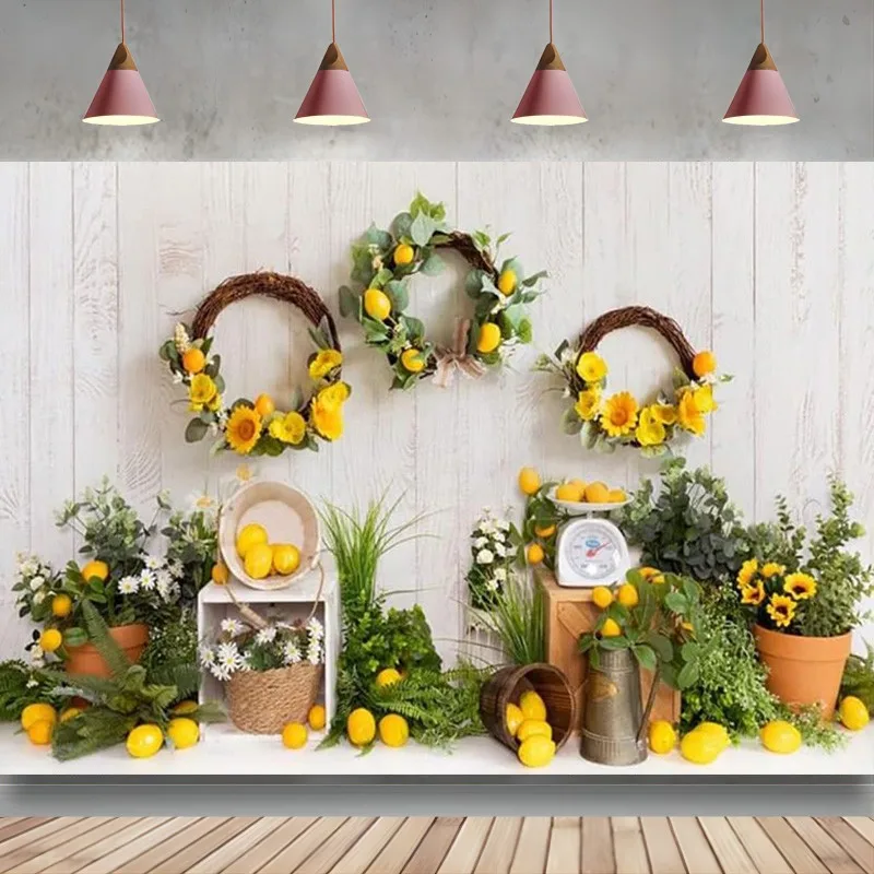 

Spring Fresh Fruit Lemon Shop Backdrop White Retro Wood Wall Lemonade Photography Background Birthday Party Decoration Studio