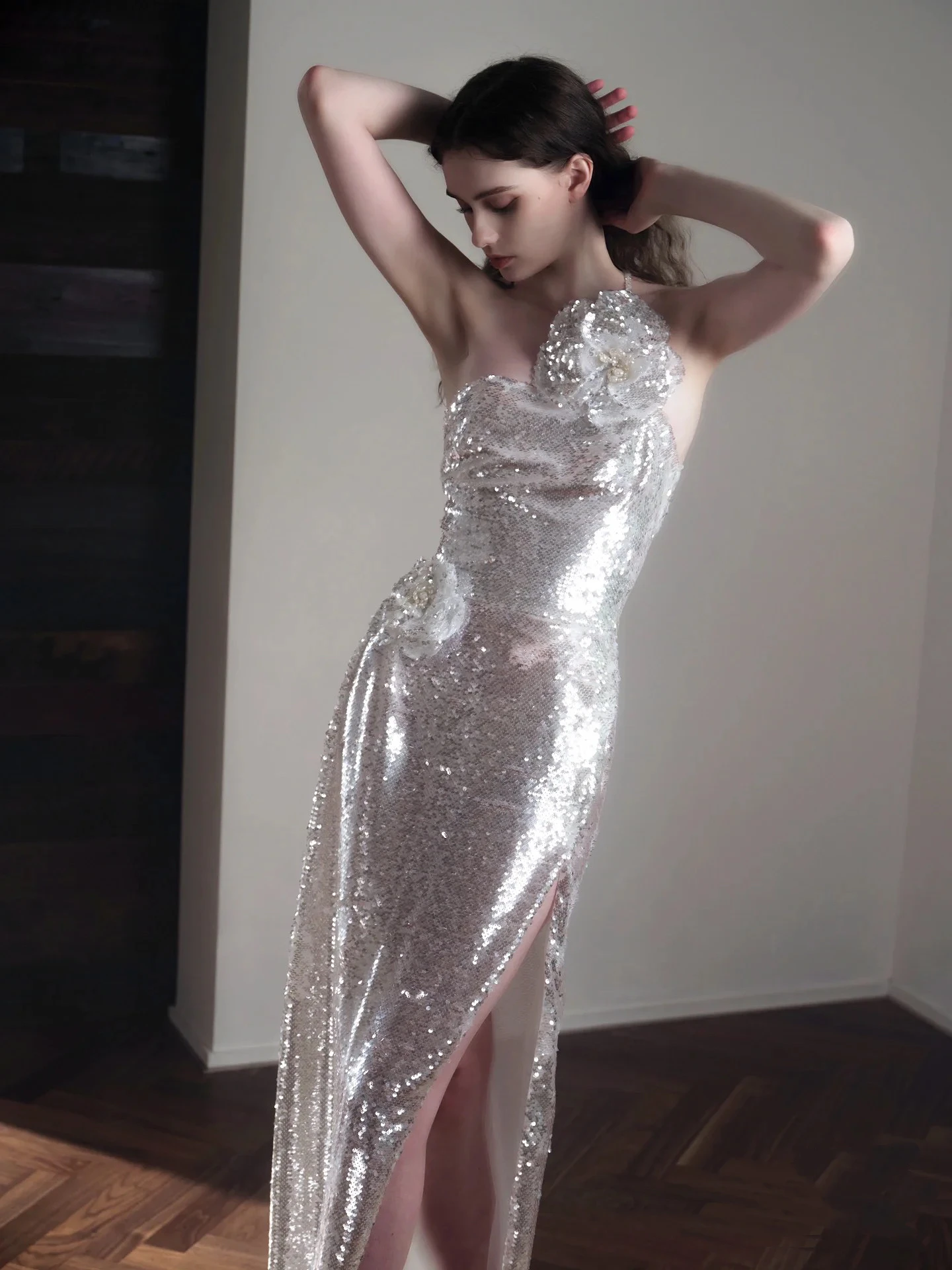 Luxury Silver Celebrity Dresses Boat Neck Mermaid Backless Side Split Sleeveless Woman Floral Performance Evening Gowns 2024