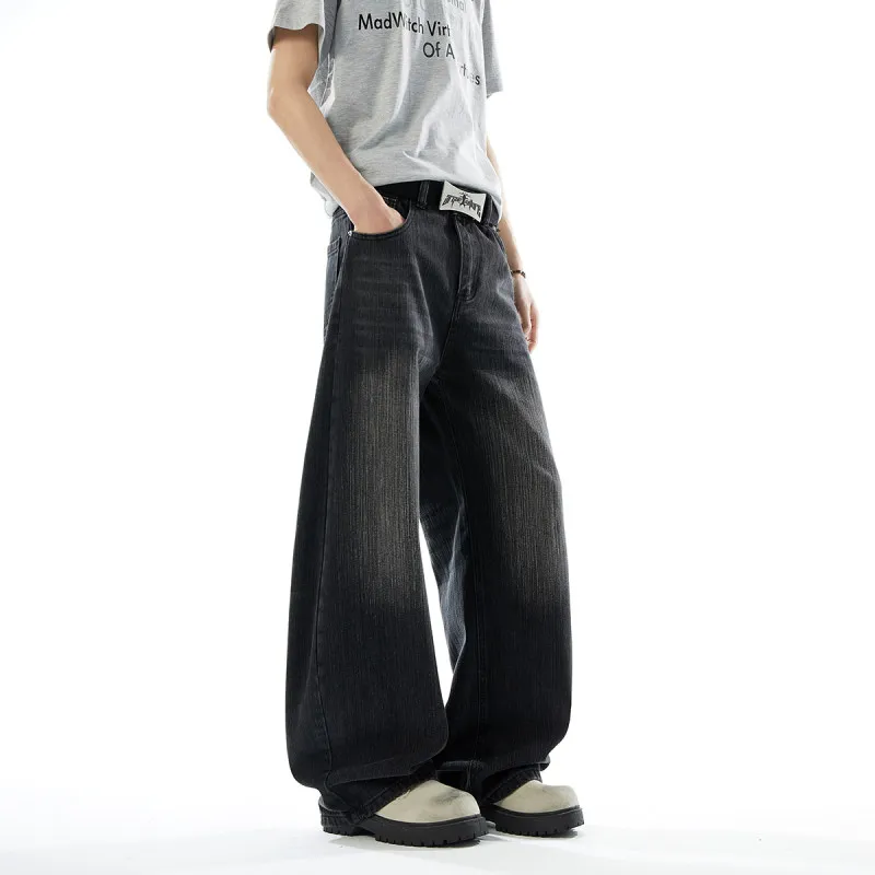 

Retro American Washed Bamboo Patterned Men's Jeans Loose Straight Leg Wide Leg Long Trousers Casual Straight Loose Fit Jeans