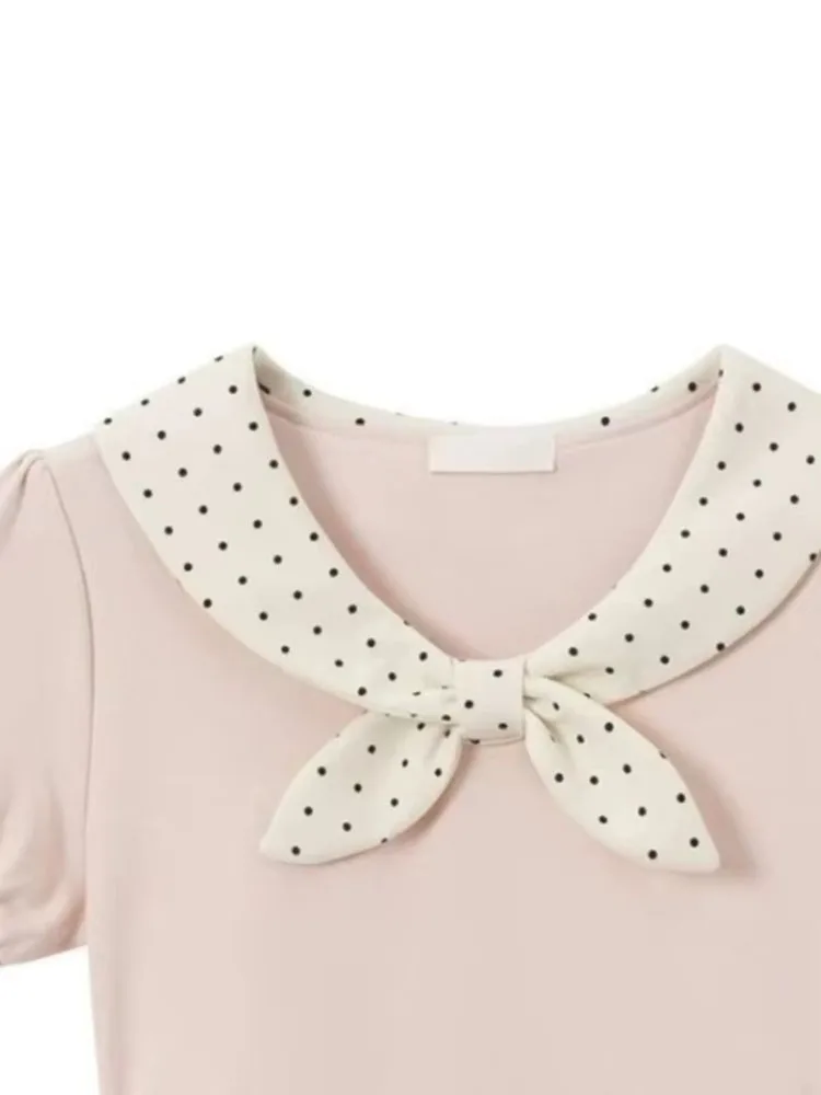 Women T Shirts Sweet Polka Dot Printed Peter Pan Collar Short Sleeve Vintage Tops Y2k Aesthetic Harajuku Female Tee