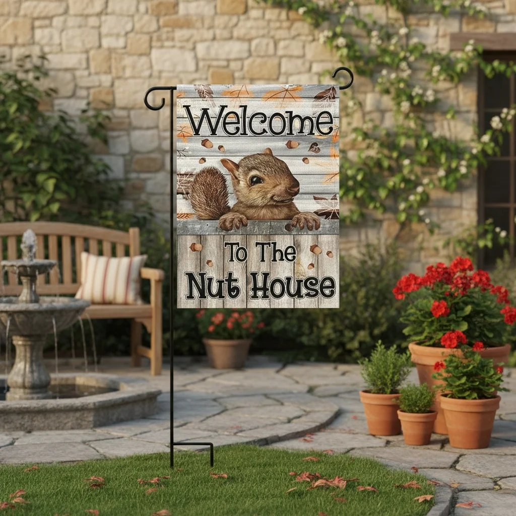 Pack of 1, Welcome To Nut House Flag, Cute Squirrel Fall Garden Flag, Fall Outdoor Lawn Decorative Porch Sign, Vertical Linen Banner Double Sided House Flag 12 * 18 Inches