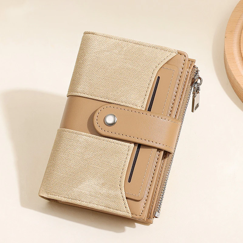 Gradient Color Block Two-fold Women Wallet Denim Texture Splicing Large Capacity Snap Button Loose Leaf Card Holder Purse