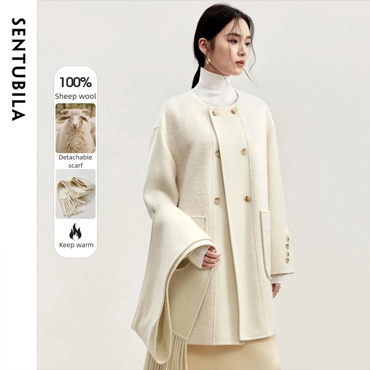 

SENTUBILA длинное пальто из 100% шерсти, женское зимнее пальто 2025 года, куртки с круглым вырезом и длинными рукавами, однотонная карманная элегантная шерстяная куртка женская W44O55960