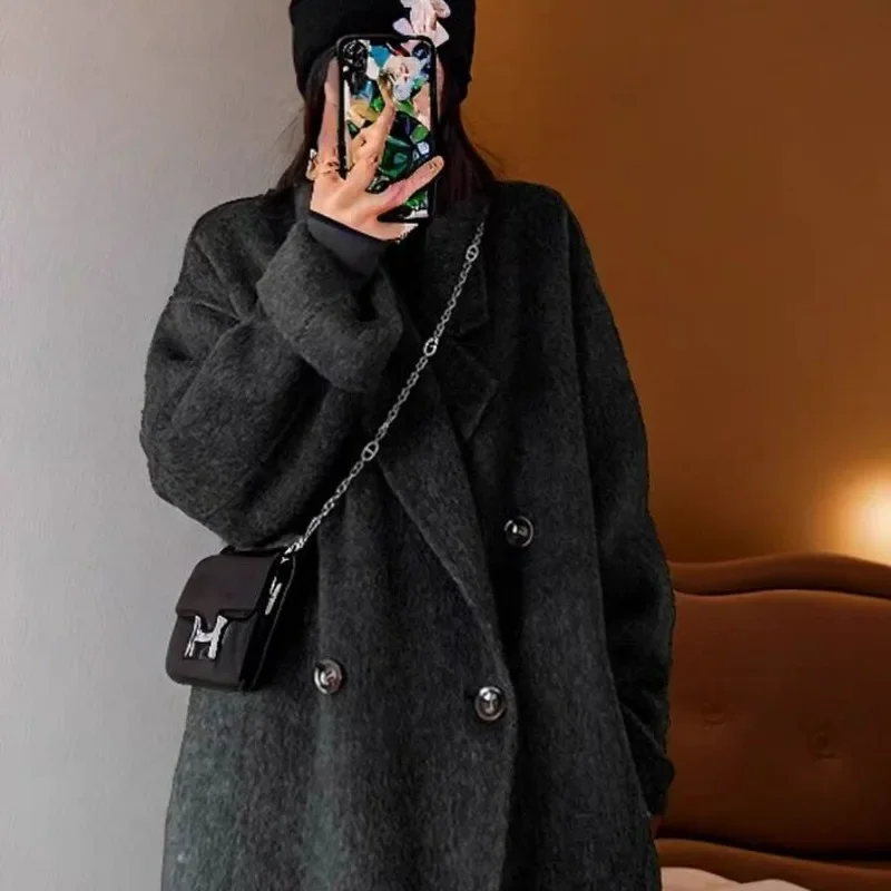 Mode pure handgemaakte kasjmier jas losse middellange plus size wollen jas 50% wol dubbelzijdige wollen jas voor dames 2024