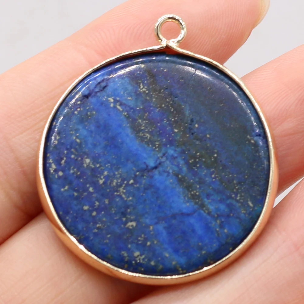 1pc Lapis Lazuli Natural Stone Round Gold-plated Gilt Pendant Craft Jewelry MakingDIY Necklace Earring Accessory Gift Party