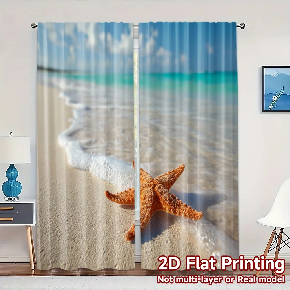 2 Cortinas con Estampado Plano 2D (Sin Varilla), Cortinas Elegantes con Diseño de Estrella de Mar, Cortinas de Tela Versátiles con Estampado Digital, Decoraciones
