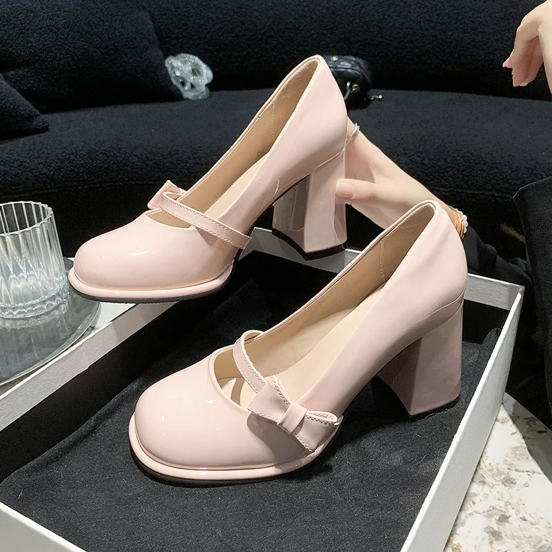 Elegant Heel Shoes Ladies 8cm High Heel Bowknot Solid Mary Jane Zapatos Adult Dress Pink White Black Cosplay Footwear