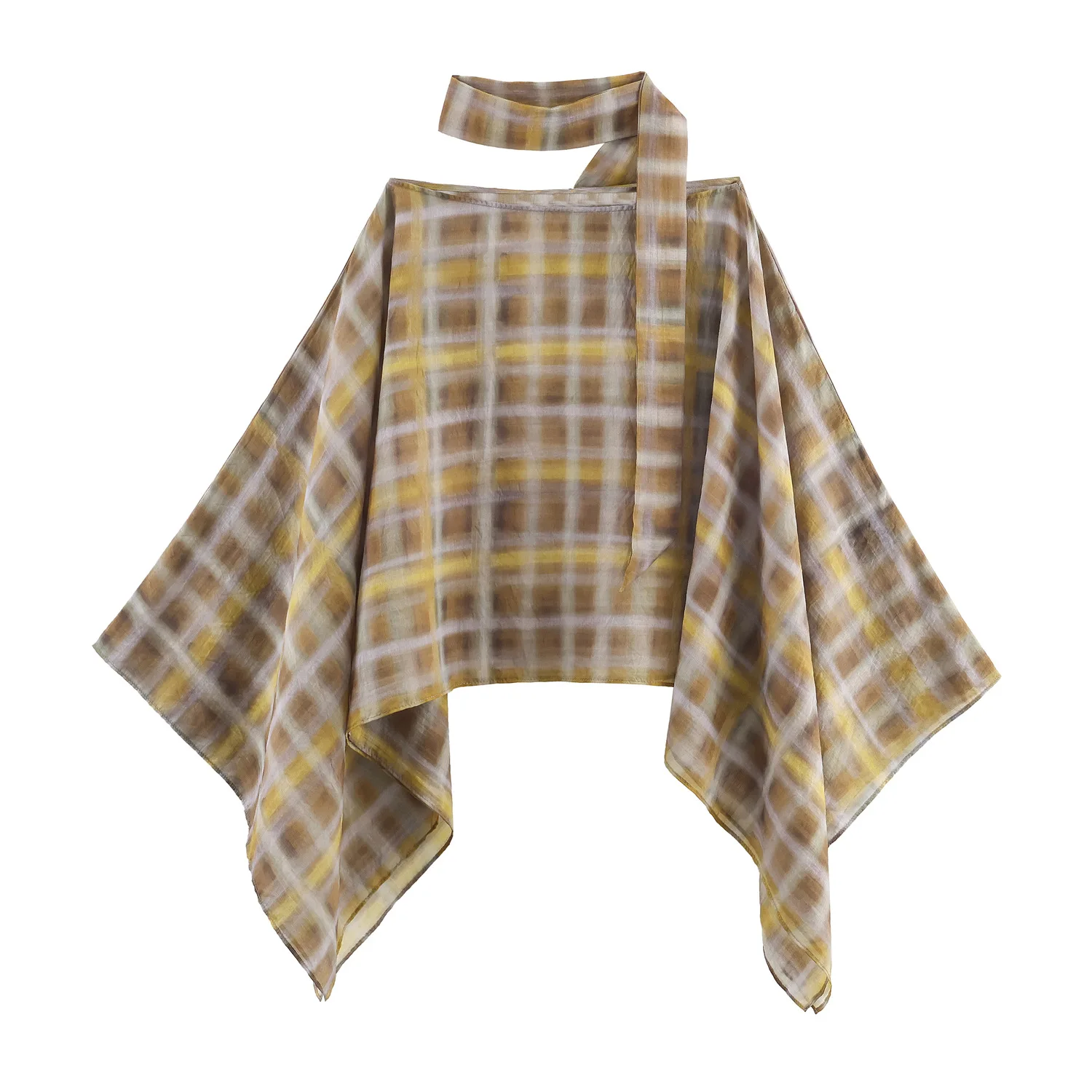 Woman's Plaid Printed Set Scarf Cape Bat-neck Bat Sleeves Cropped Shiet High-waisted Irregular Skirt Autumn New Female Chic Set