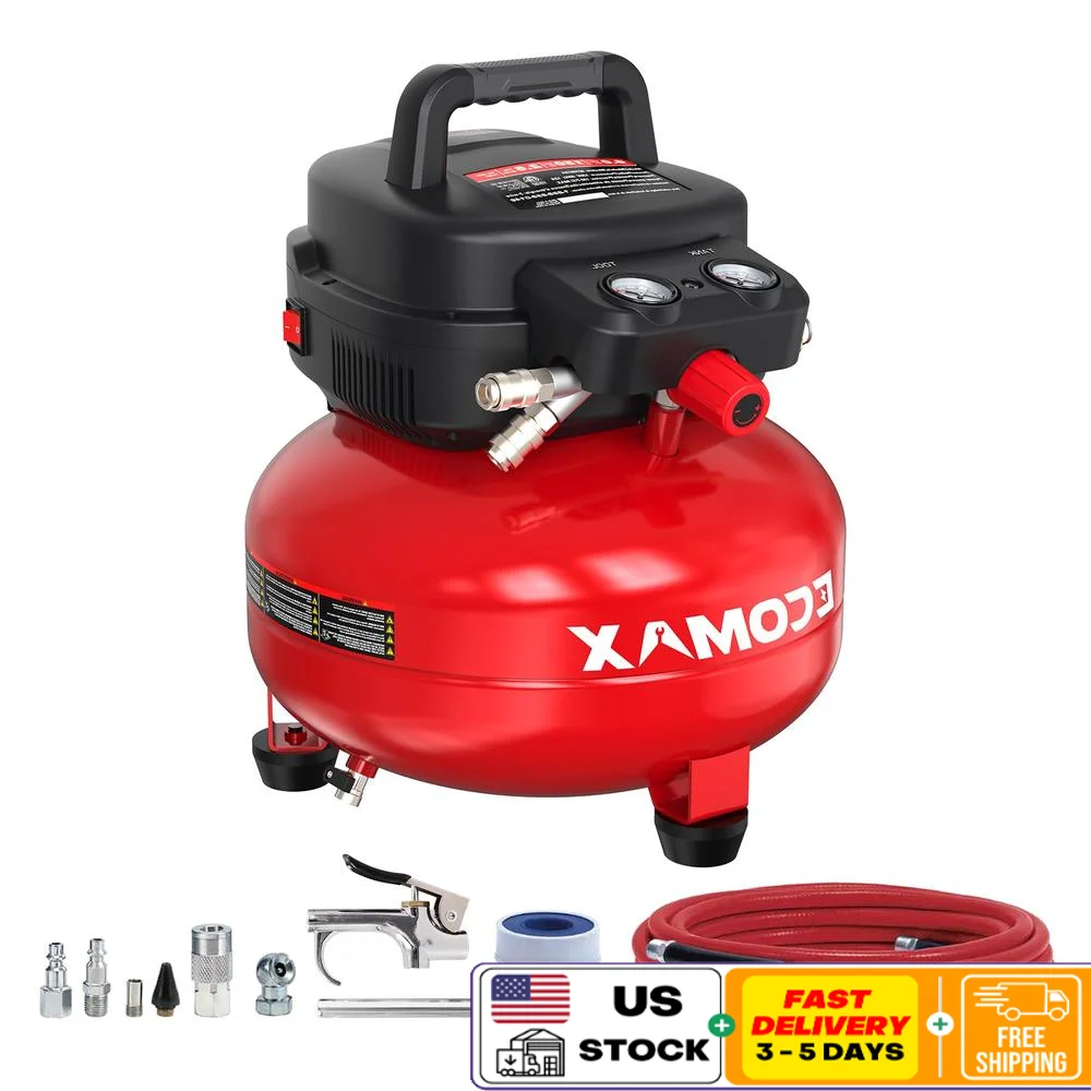 6 Gallon Pancake Air Compressor Portable Tire Inflator 150 PSI Kit Accessories Nozzle Blow Gun Sleeve Oil-free Tank Dual Gauges