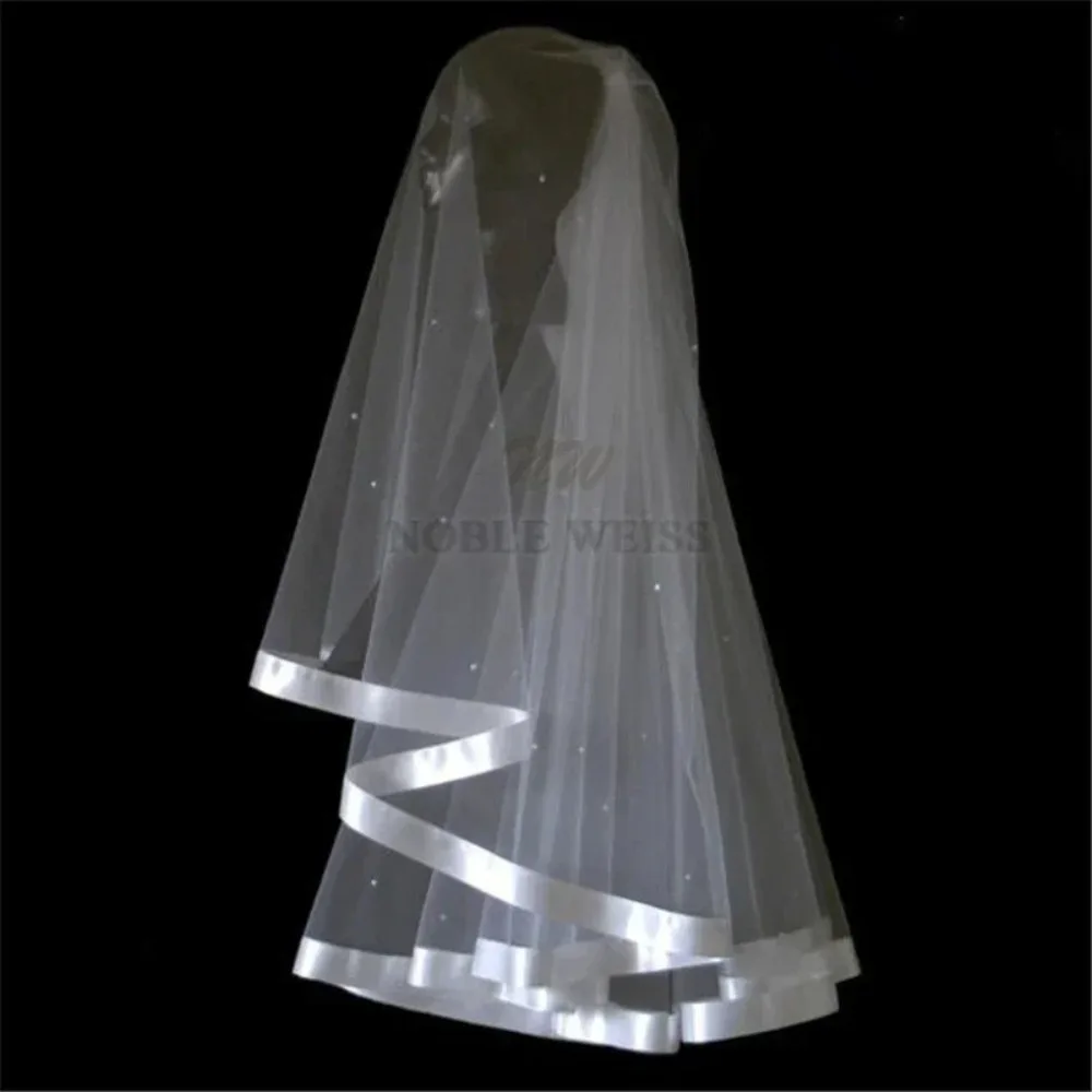 2T Short Pearl Wedding Veil Ribbon Edge Bridal Veils With Comb Customized