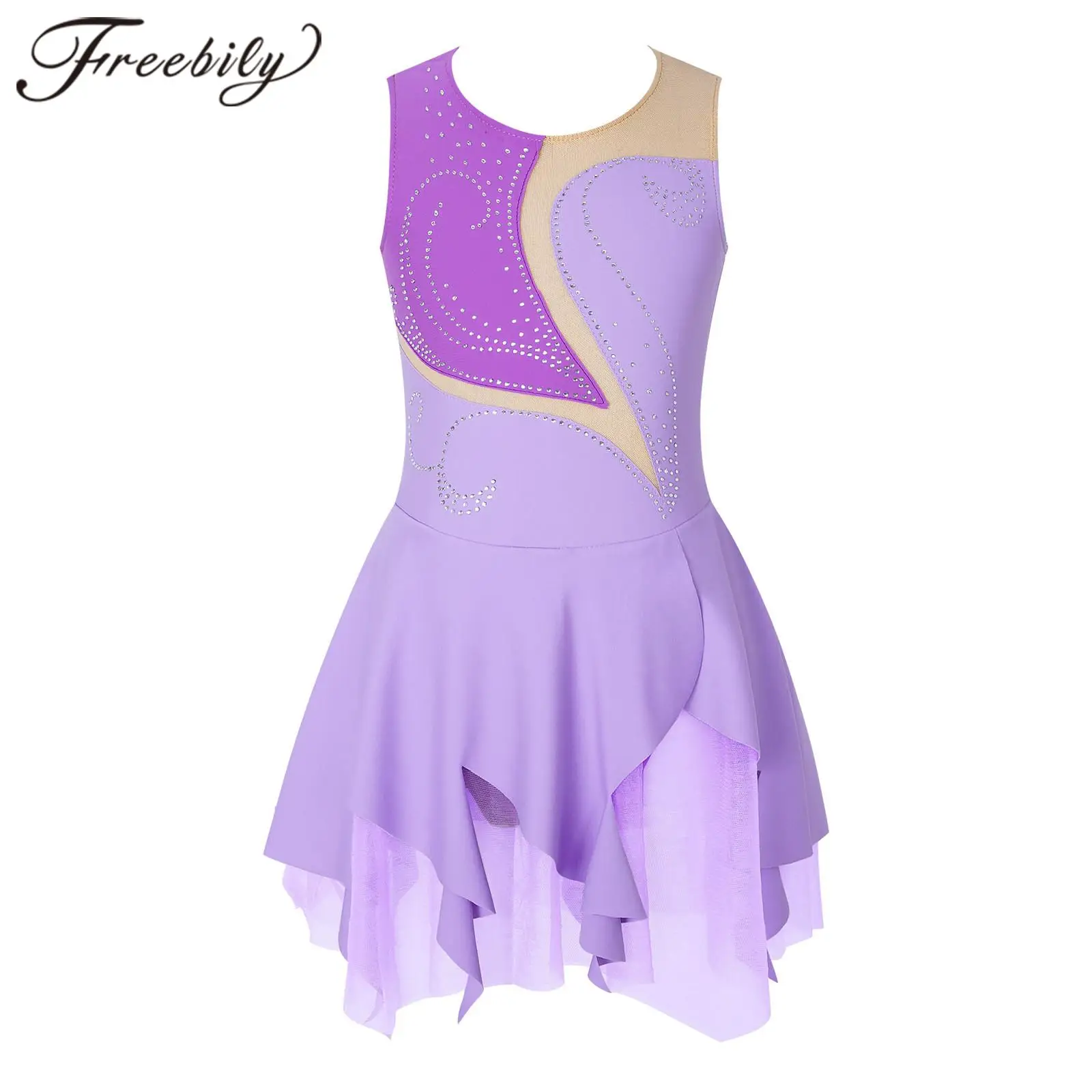 

Kids Girls Rhinestone Figure Ice Skating Dress Children Sleeveless Ballet Dress Gymnastics Leotard for Dancing Competition