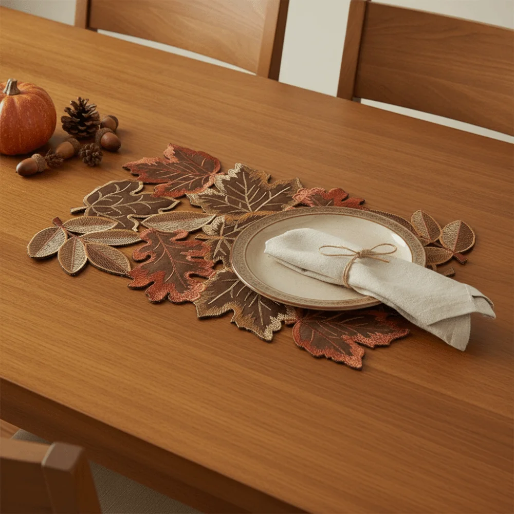 Rustic Style Maple Leaf Embroidered Table Runner Decorative Rectangular Autumn Harvest Table Mat Hollow Design Brown