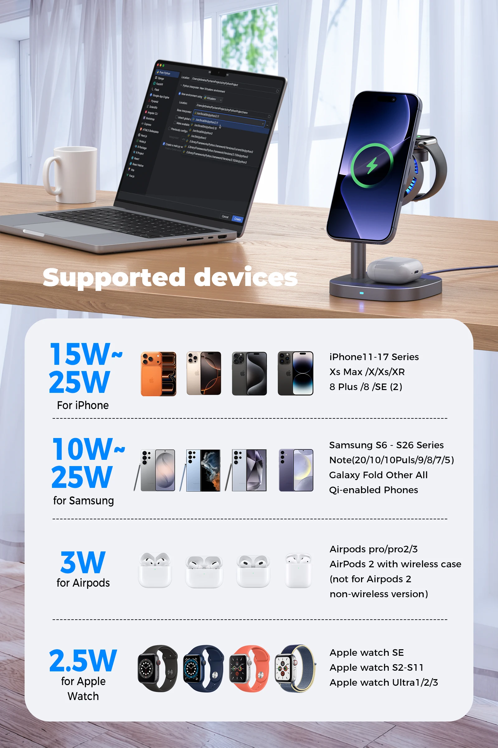Qi2.2 25W TEC Stand Wireless Charger 3in1 Cooling Magnetic Charging Station for iPhone Sumsung iWatch Airpods