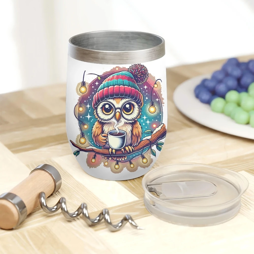 Colorful Abstract Owl Vacuum Flasks 12oz Insulated Wine Tumbler Vacuum Coffee Mug Egg Shape Thermos Cup