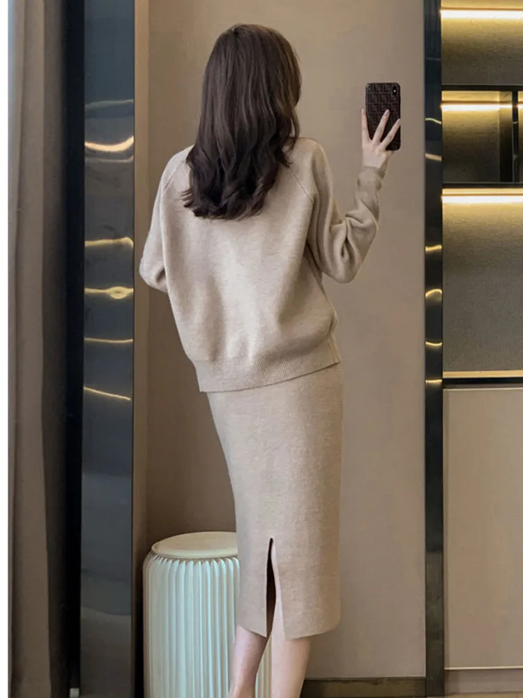 Minimalism Solid Knitted Two Piece Sets Women Outfits Elegant Raglan Sleeve Loose Sweater and Split Mid Skirt Sets