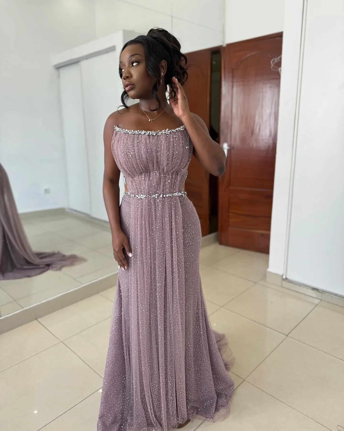 Romantic Mauve Mermaid Evening Dresses Shiny Promdress Rhinestones Strapless Prom Formal Party Bridesmaid Birthday Gowns Dress F