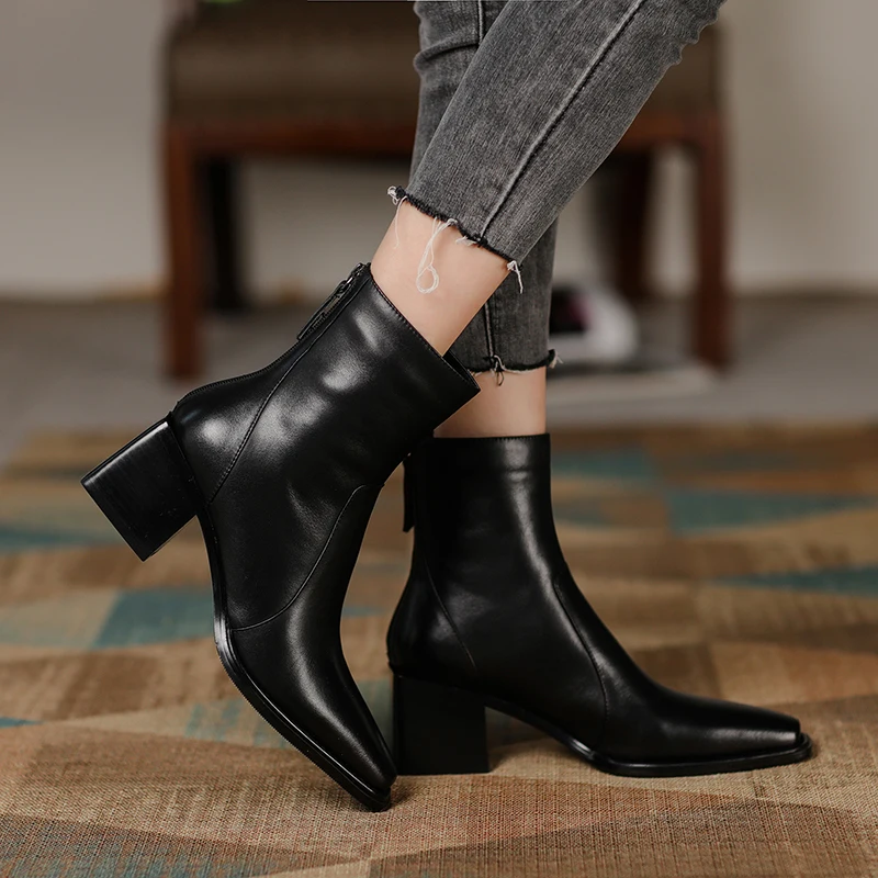 QUTAA 2024 News Women Ankle Boots Leather Autumn Square Toe Short Boots Winter Shoes High Heel Woman Office Lady Size 34-43